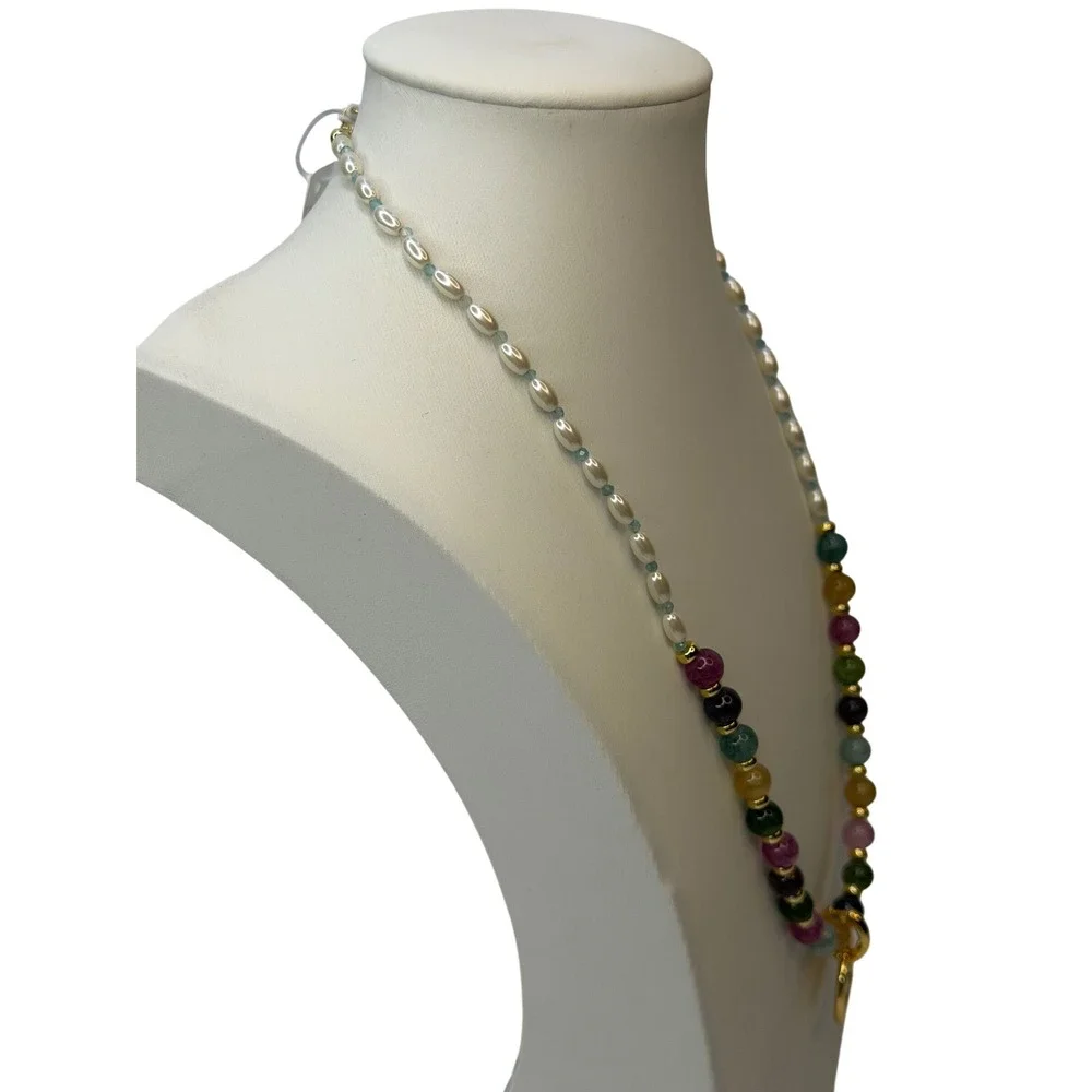 Tory Burch Miller Mixed-Materials Pearl and Multi-Stone Beaded Necklace Gold NWT